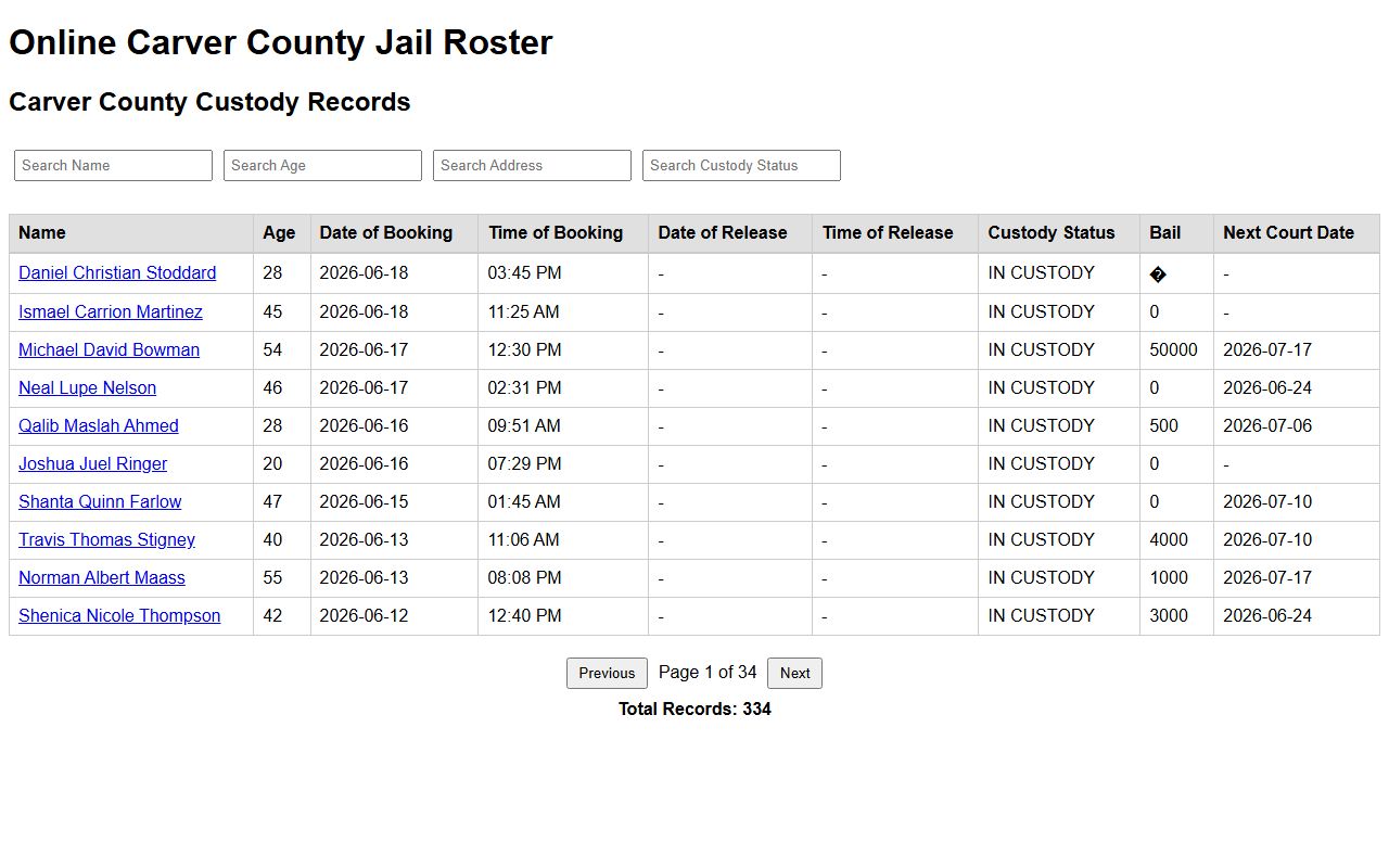 Carver County Jail inmate lookup roster interface
